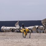 The video showed a robop at the site with parts of the exploded spaceship SpaceX