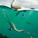 Un dinosaure bipède au corps profilé plongé sous l'eau à la recherche de poissons